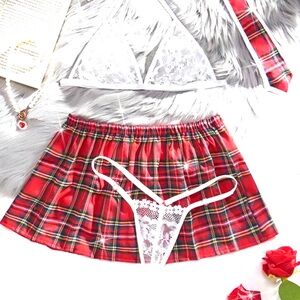 Womens Red Plaid Lingerie Set with Lace. New